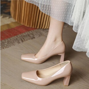 单鞋 女鞋 女粗跟方头漆皮新款 通勤婚鞋 软皮不磨脚工作鞋 裸色高跟鞋