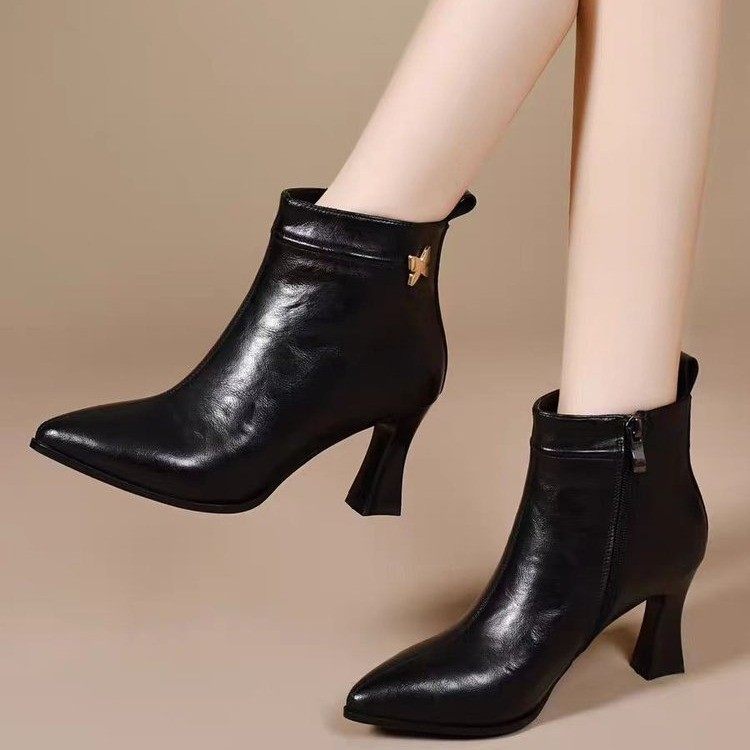 品牌高跟鞋新款2025秋冬真皮女靴尖头手抓纹短靴女士百搭加绒棉鞋,女鞋,时装靴,淘宝优惠券,粉丝福利购,淘宝优惠卷