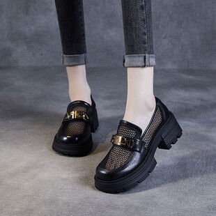 红青蜓真皮单鞋女2025夏季新款透气网面小皮鞋粗跟厚底乐福鞋凉鞋