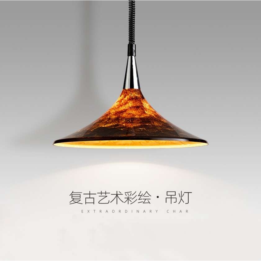中古美式琥珀彩绘吊灯升降客厅餐厅岛台书房设计师可伸缩复古氛围
