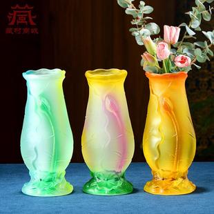 藏村琉璃花瓶莲花浮雕供佛花瓶插花一对家用桌面供奉佛前摆件
