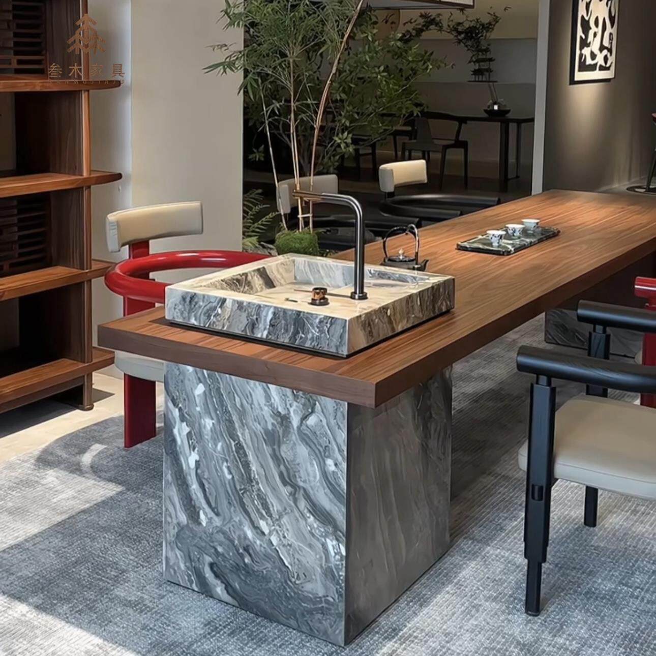 意式现代岩板岛台茶桌椅简约实木阳台茶室家用个性轻奢泡茶桌定制