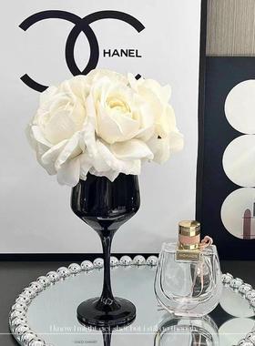 高端轻奢玫瑰花束摆件高脚杯客厅餐桌家居桌面装饰品仿真花艺摆设