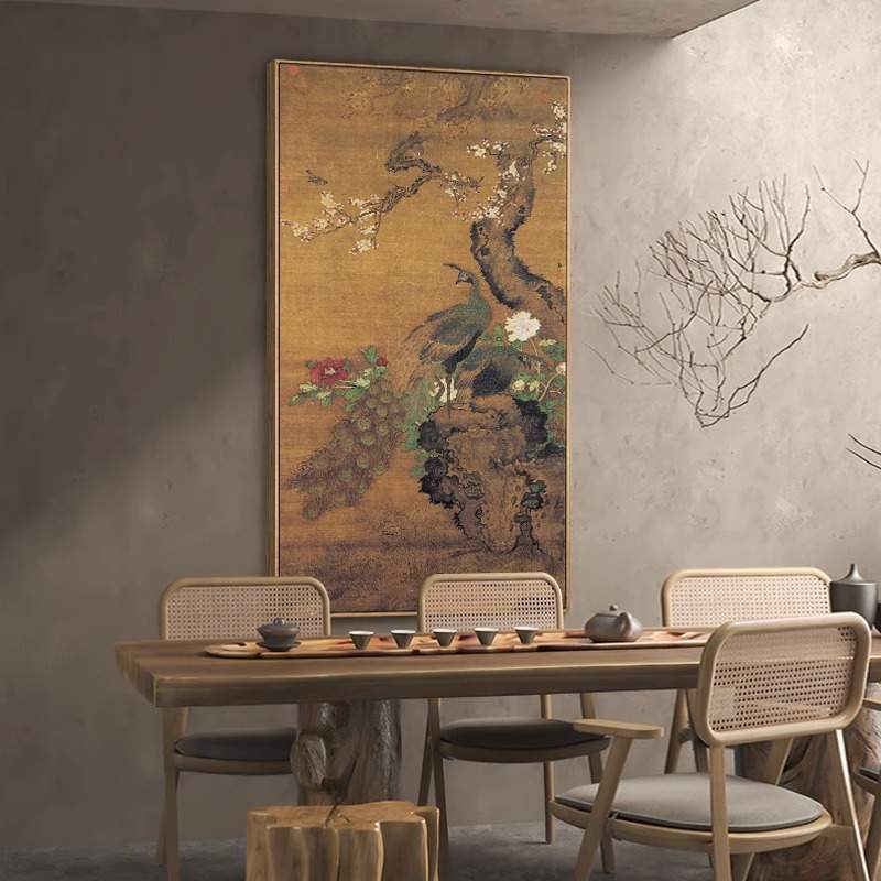 明清古典国画孔雀玄关竖版挂画客厅走廊过道茶室背景墙复古装饰画图片