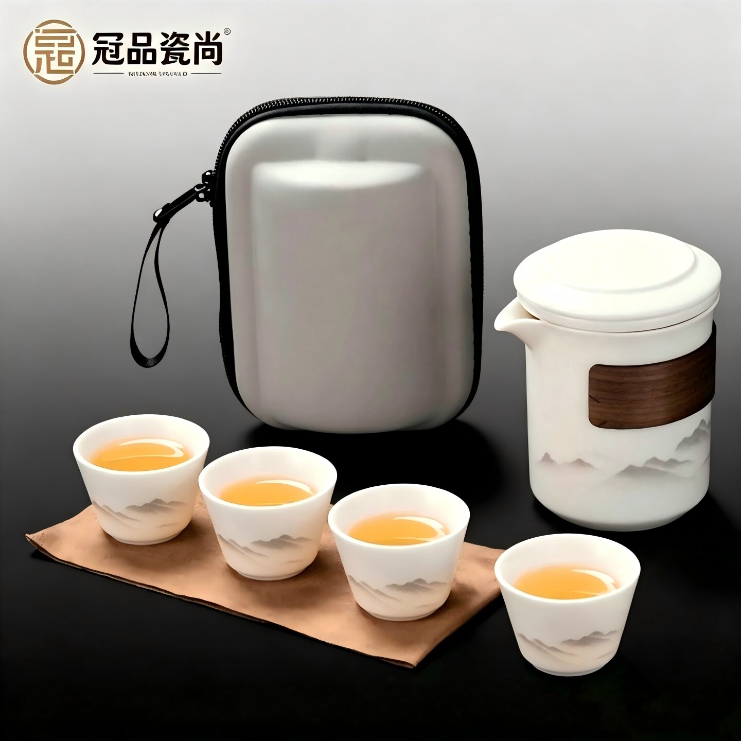 高档白瓷便携式户外旅行茶具套装