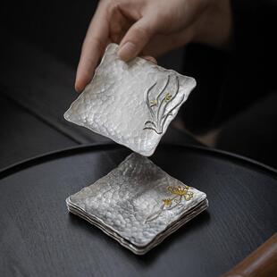 手打纯锡杯垫 方形锤纹金属茶托 杯托梅兰竹菊茶道配件茶具隔热垫