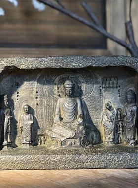 古风卢舍那佛造像龙门石窟雕刻佛龛佛像摆件禅意造景文