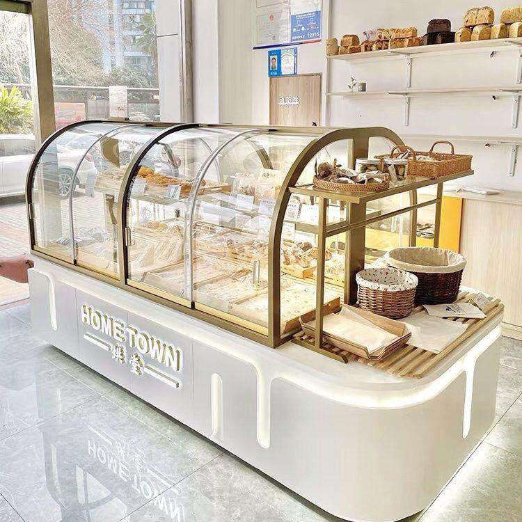 面包展示柜新款高端镀钛不锈钢弧形中岛蛋糕模型边柜糕点玻璃商用