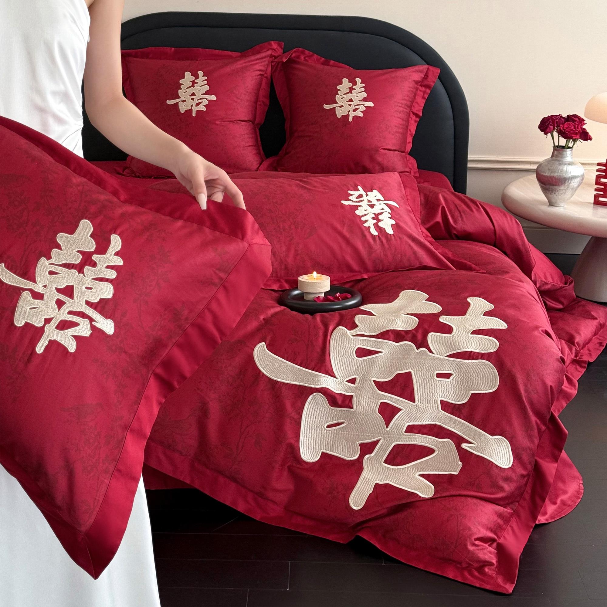 中式金色大喜字刺绣婚庆四件套全棉数码印花红色结婚被套床单床笠