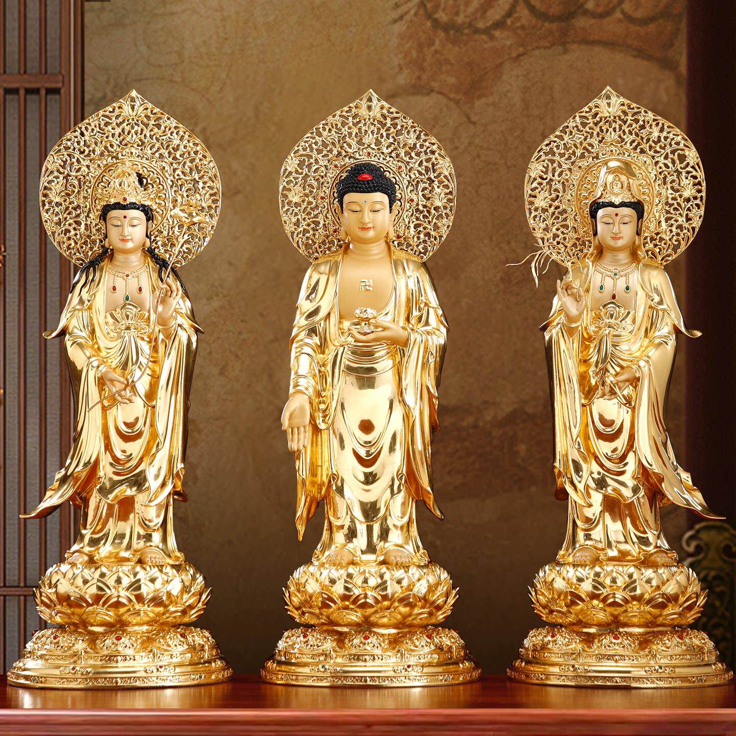 纯铜贴金带背光西方三圣佛像站像家用供奉阿弥陀佛观音菩萨像摆件