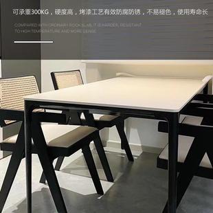 奶油风岩板简约奶油风家用白色餐桌方形饭桌铝合金小户型轻奢餐桌