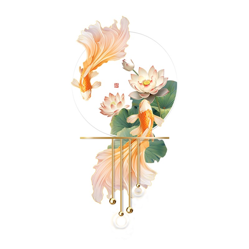 好运锦鲤入户玄关装饰画正对门客厅走廊过道挂画荷花发光立体壁画图片