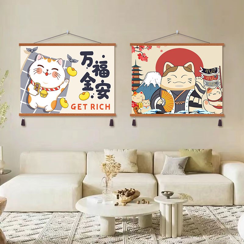 招财猫网红背景布挂布宿舍电表箱遮挡装饰布画免打孔卷轴布艺挂画图片