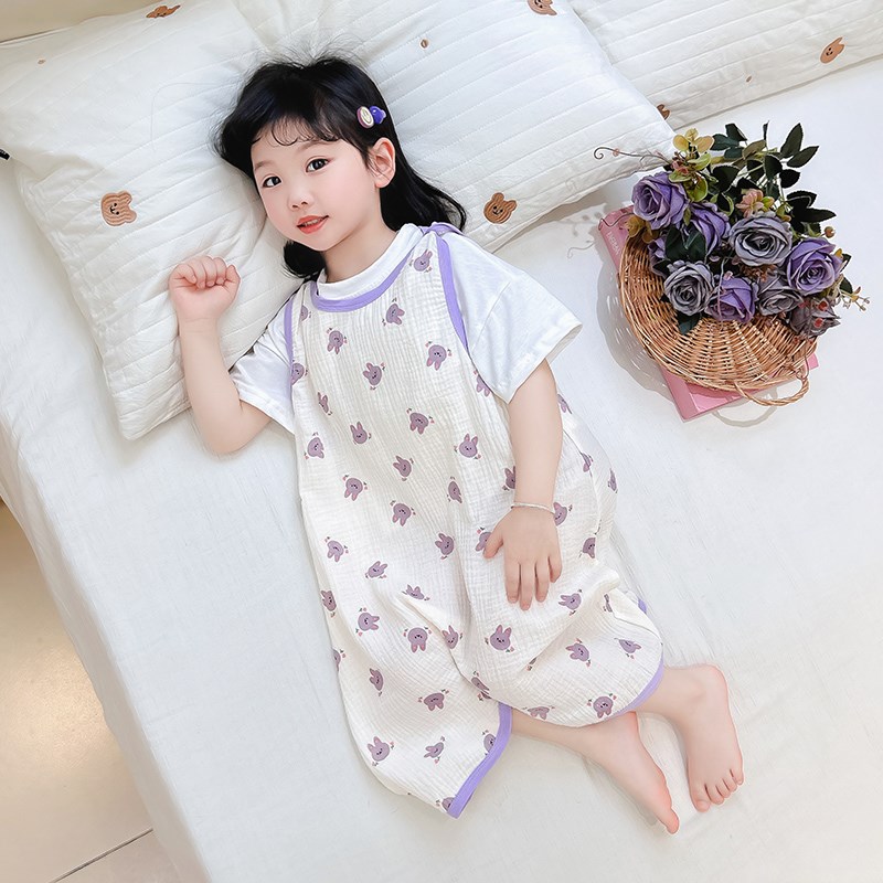 女童纱布背心睡袋2024夏季新款儿童按扣连体睡衣女孩宝宝夏天薄款