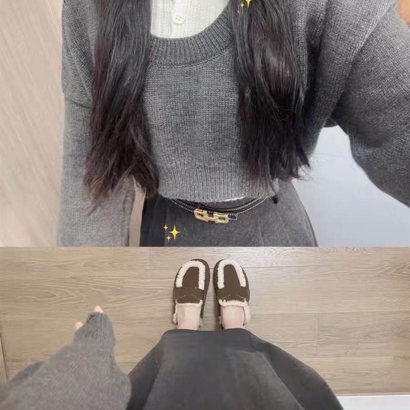 秋冬季小个子茶系穿搭灰色针织上衣打底衫半身裙高级感两件式套装