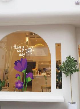 紫色ins花朵橱窗玻璃贴纸静电网红店拍照店铺商铺门贴窗花窗贴画