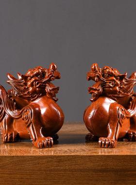 花梨木雕貔貅摆件一对花梨实木客厅家居办公室装饰开业送礼工艺品