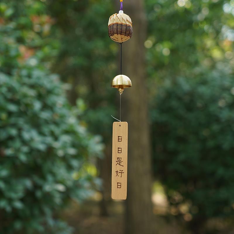 日式古风手工竹编黄铜风铃 树挂庭院装饰铜铃铛挂件 小清新挂饰