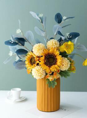 地中海北美阳光仿真绢花艺客厅装饰摆件花束餐桌橙色陶瓷花瓶套装
