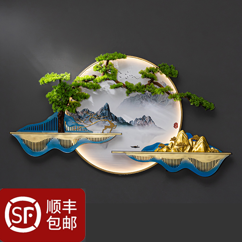 新中式装饰画立体仿真迎客松挂件酒店茶室墙面装饰品轻奢铁艺壁挂图片