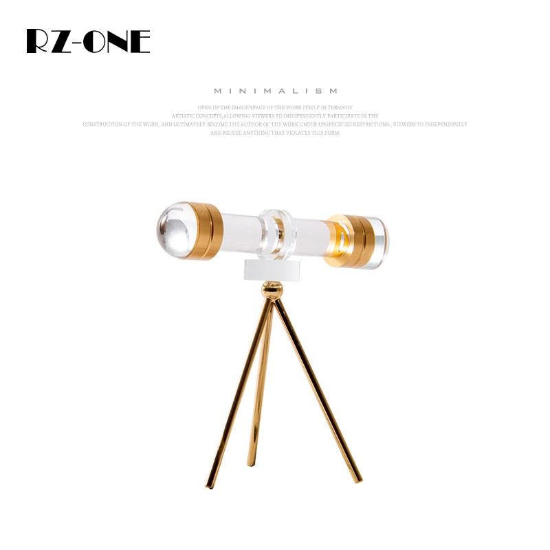 Rzone 现代轻奢摆件书房书桌面样板间高档黄铜水晶望远镜软装饰品