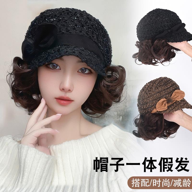 假发帽子一体时尚遮白发女士款卷发光头化疗后气质蕾丝妈妈假发帽