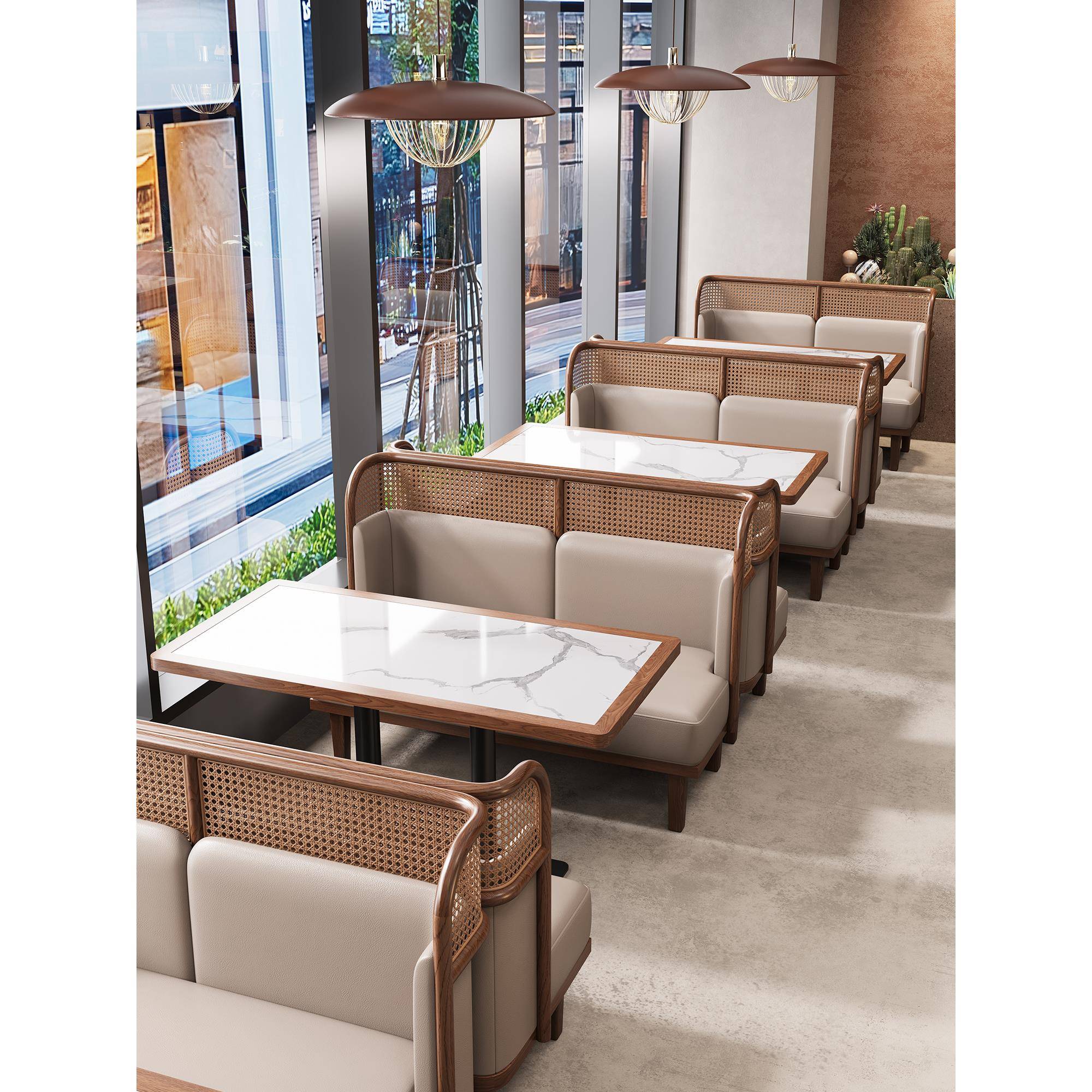 主题餐厅卡座沙发定制茶楼餐饮店藤编实木饭店火锅奶茶店桌椅组合