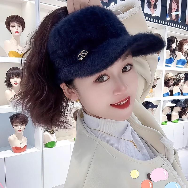 秋冬新款毛绒空顶鸭舌帽玉米须高马尾一体假发帽全头套女帽子假发