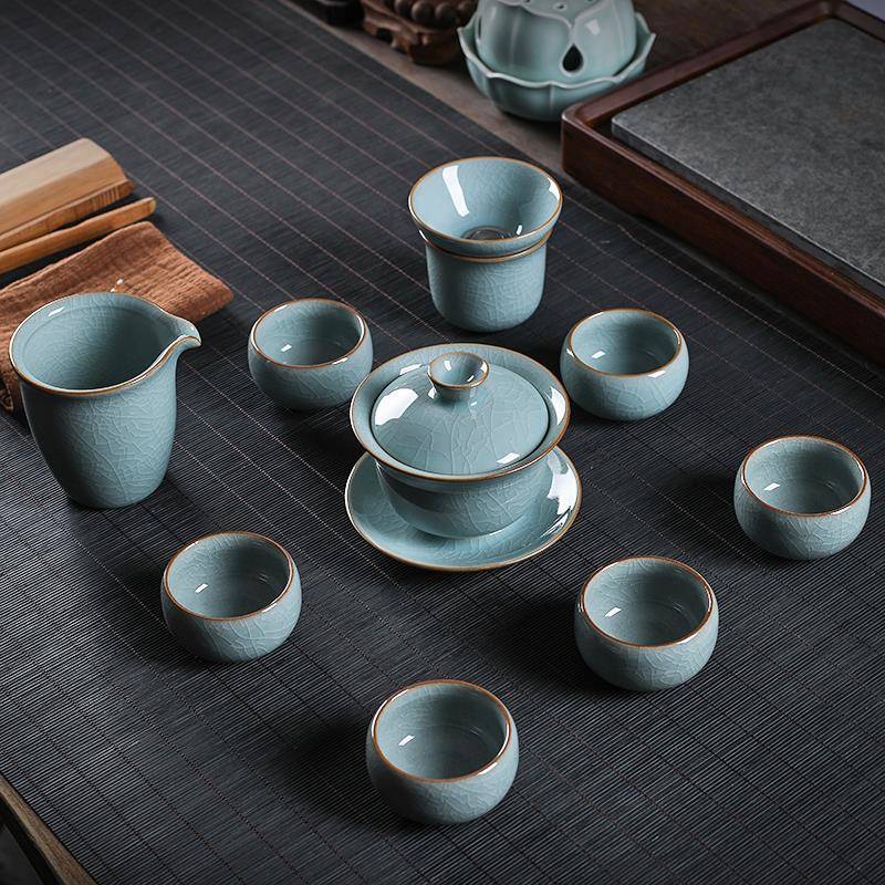 青瓷功夫茶具套组办公室陶瓷哥窑冰裂三才盖碗茶壶泡茶杯套装家用
