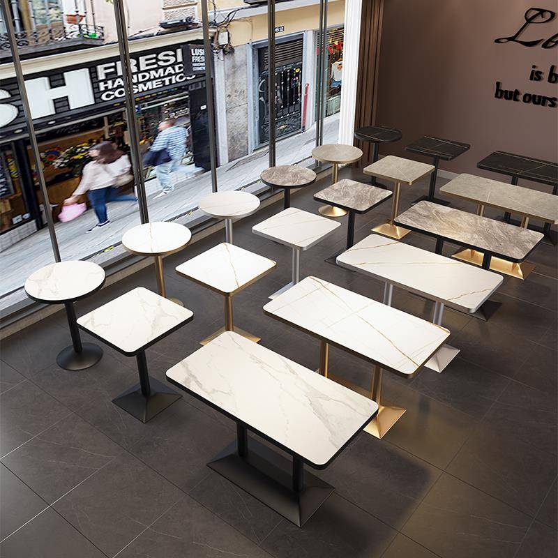 岩板餐桌商用奶茶店酒吧咖啡厅长桌接待洽谈小圆桌食堂小吃店组合