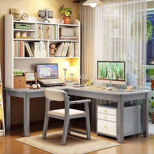 实木书桌家用书房转写角公字桌架学生卧室L947型书一体电脑学习办