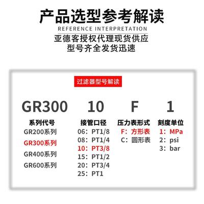 亚德客气动调减压阀外置型压1力压表圆GR200-06/08/300-0HAQ/600-