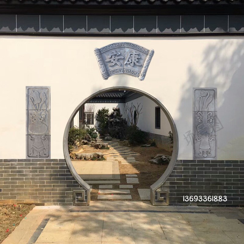 精品山西仿古砖雕照壁门套中式背景墙壁画青砖竖条幅鹿鹤四喜鸟