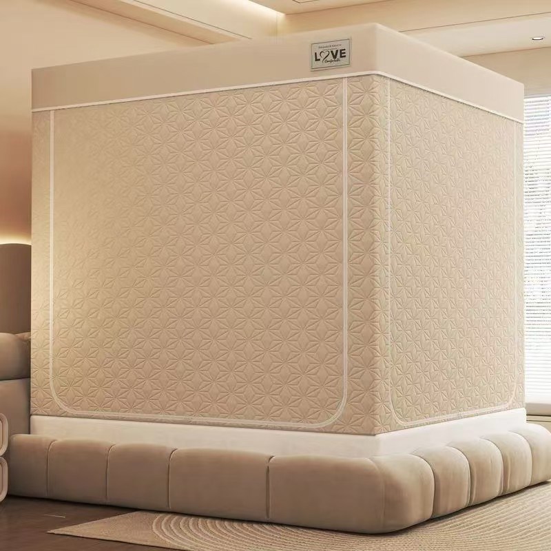 加厚保暖五面夹棉床帘床幔遮光防风帐篷室内防寒回底三开门拉链帐