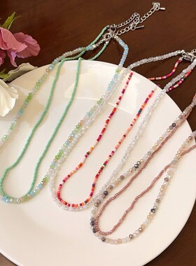彩色串珠叠戴项链女夏天多巴胺甜酷绿色颈链配饰小众设计感锁骨链