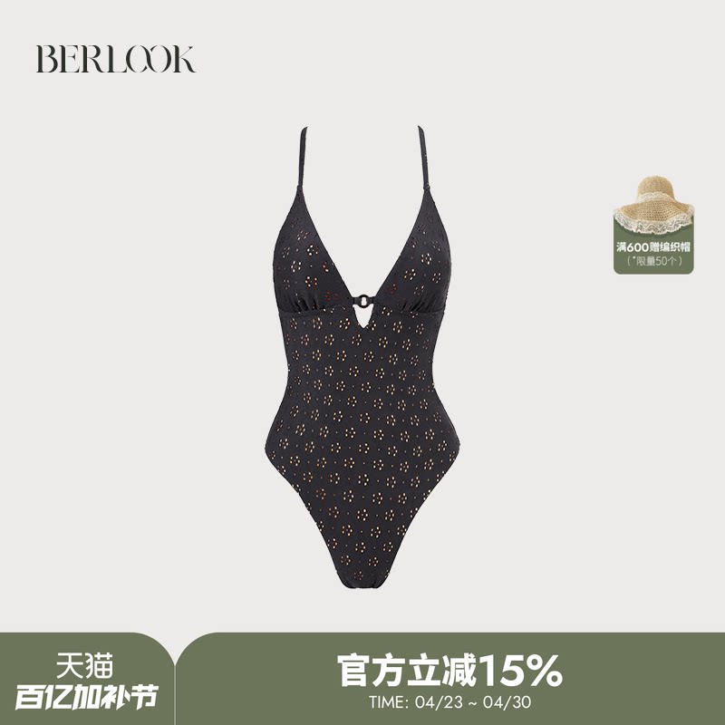 BERLOOK浪漫肌理系列黑色露背镂空交叉系带连体泳衣性感度假温泉