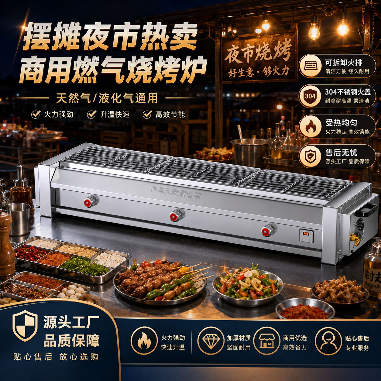 大火力商用燃气烧烤炉黑金刚不锈钢独立控火烤肉炉摆摊夜市大排档