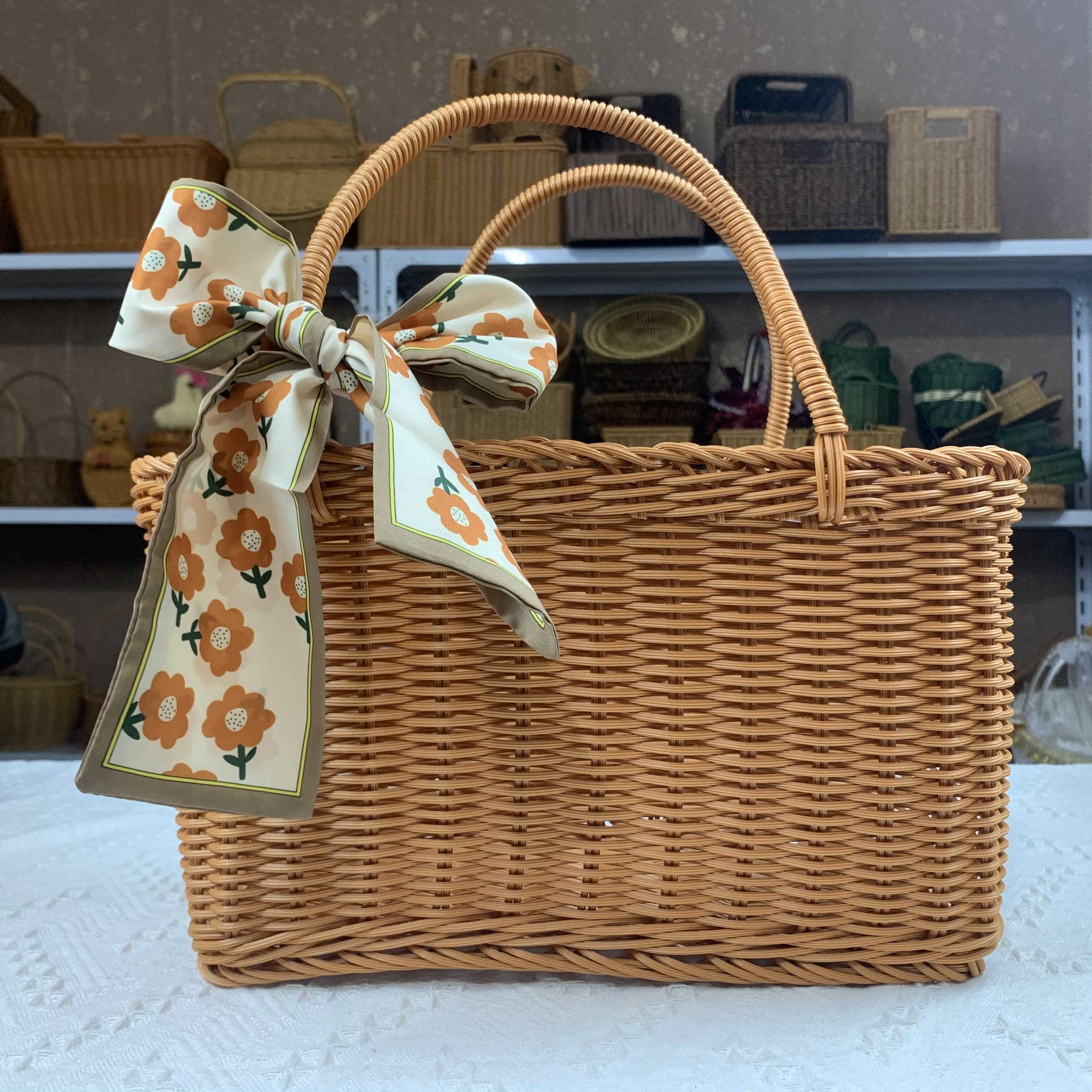 户外野餐拍摄道具仿藤编织带盖手提箱大容量买菜水果篮购物收纳筐