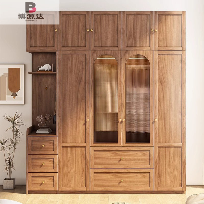 胡桃色玻璃门衣柜家用卧室小户型平开门衣柜现代简约经济型大衣柜