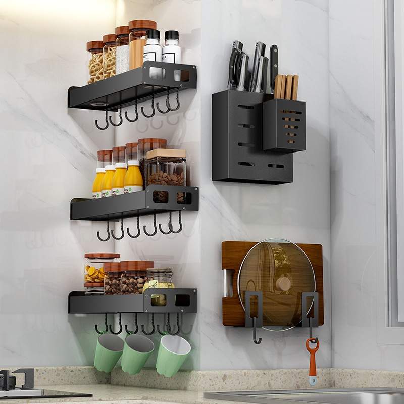 厨房置物架黑色转角调料架调味罐壁挂式免打孔灶台挂墙碗碟收纳架