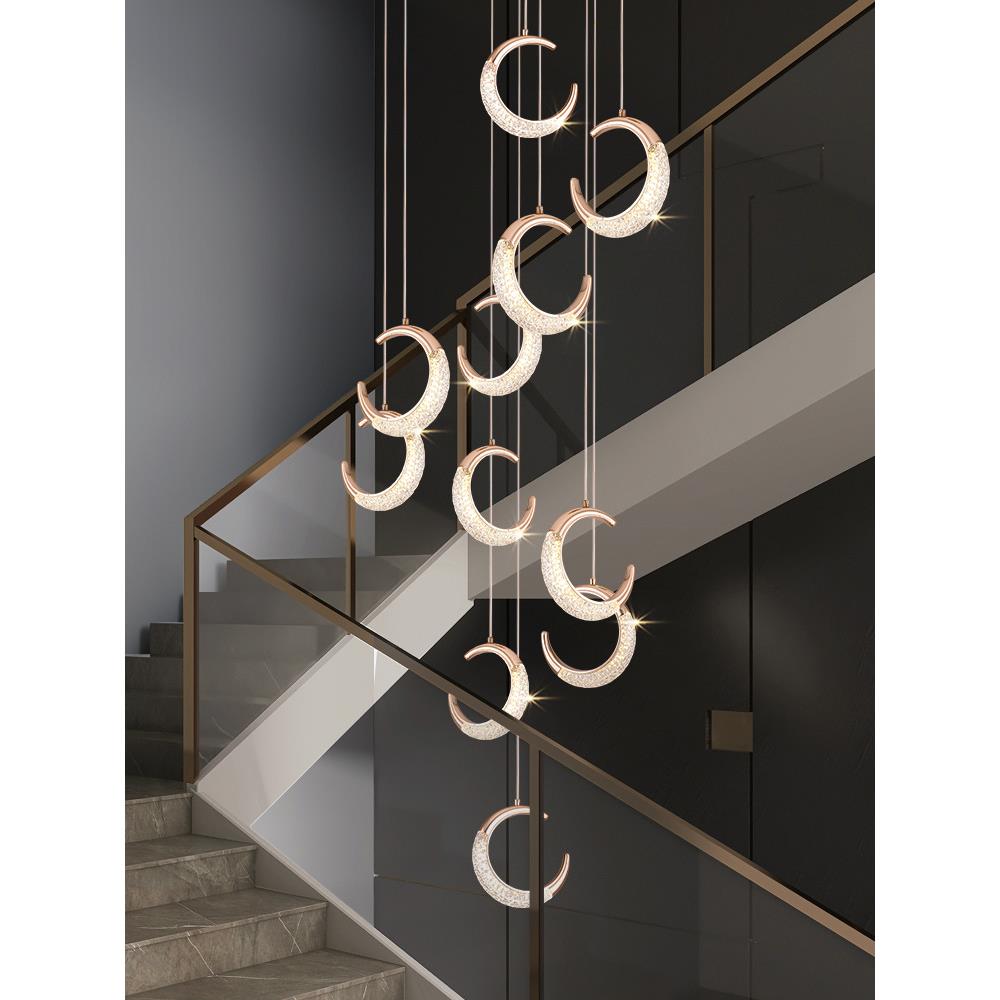 月亮楼梯吊灯现代简约轻奢玫瑰金复式楼别墅loft公寓餐厅超长吊灯