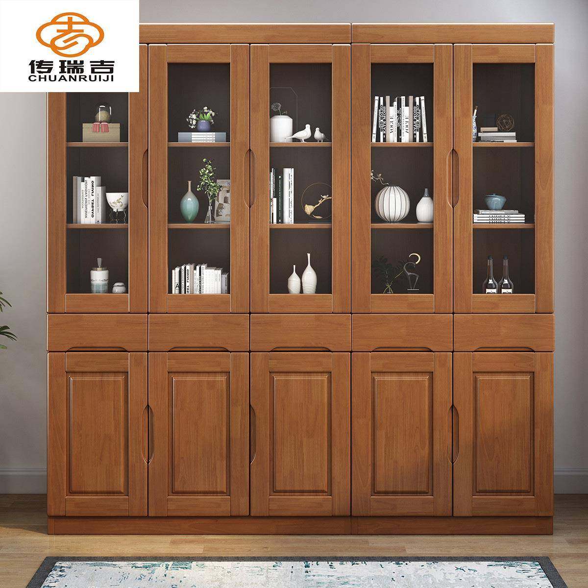 实木书架带玻璃门文件收纳储物橱架柜子现代简约中式书房家具