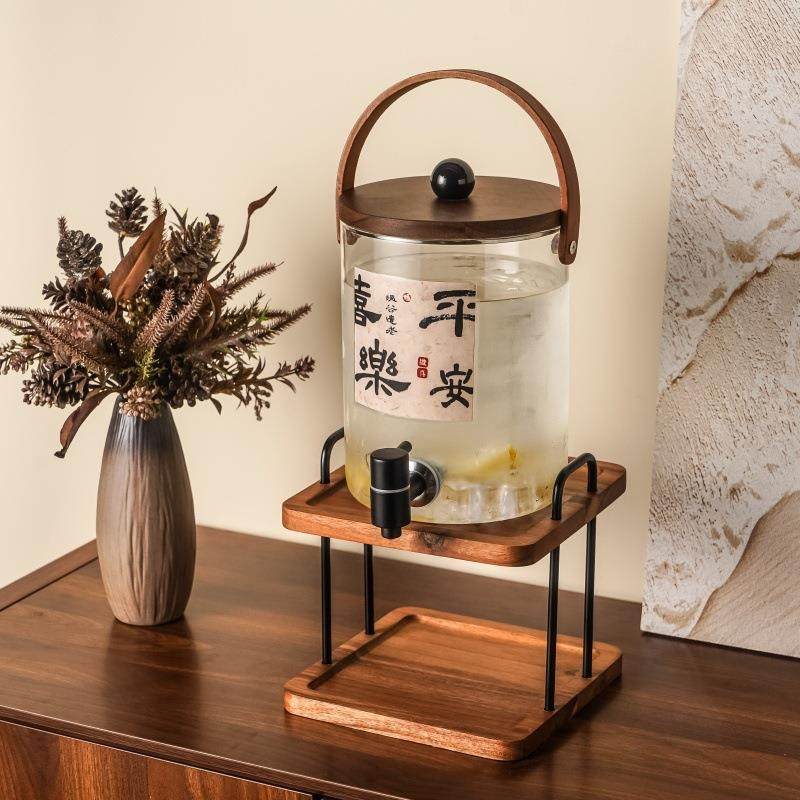 高颜值相思木玻璃凉水壶耐高温带龙头果汁饮料桶轻奢迎宾茶水壶缸