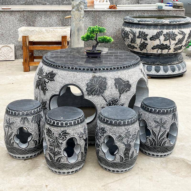 石雕石桌石凳青石庭院圆桌椅一套花园茶桌天然大理石桌子户外摆件