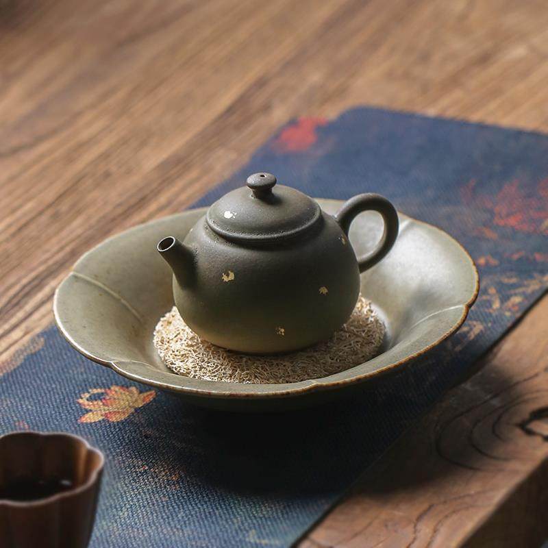 RI0T葵口储水壶承仿宋代茶点盘养壶干泡台小茶盘陶瓷盖碗托单层小
