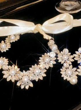 欧美镶钻花朵珍珠绑带项链气质宫廷风锁骨链时尚轻奢高级感项饰女