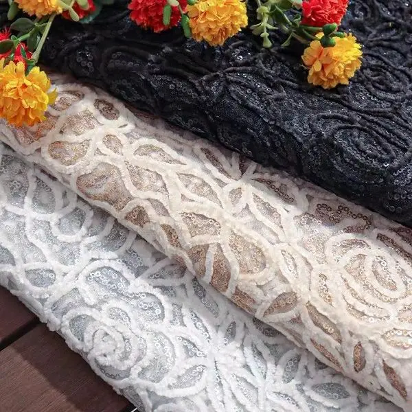 直销 新款高档绳绣玫瑰花珠绣 蕾丝花边面料 盘带花刺绣布料