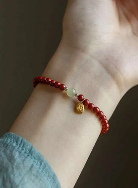 砂朱砂手链女保真小众设计仿和田玉手饰小福牌本命年礼物手串