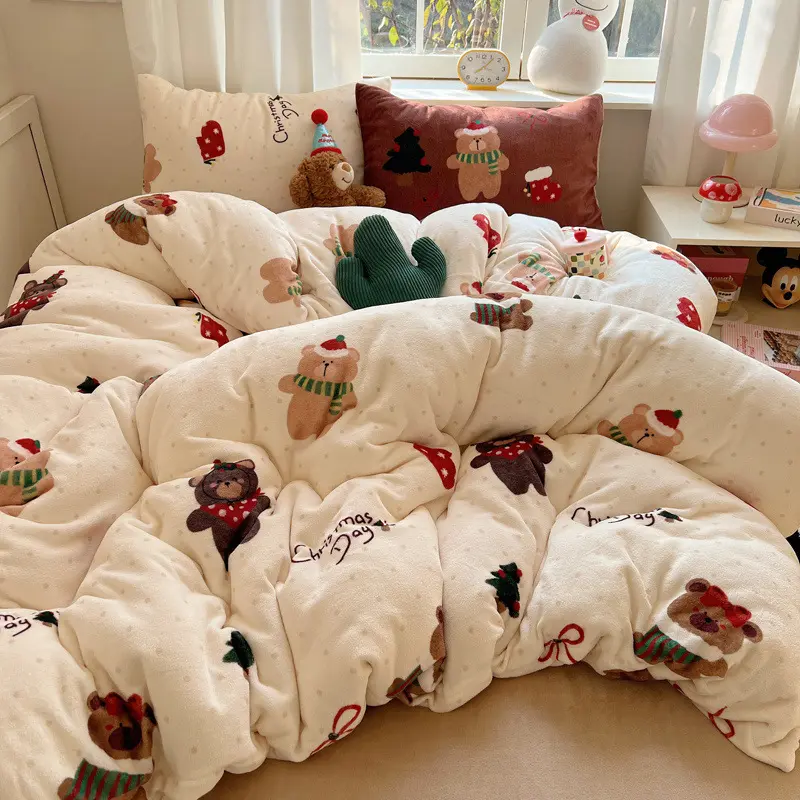 圣诞树冬季四件套加厚牛奶绒被套圣诞节卡通珊瑚绒保暖床单三件套