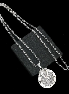 转动时间潮人个性圆盘形时针挂坠嘻哈男士钛钢项链潮男配饰品